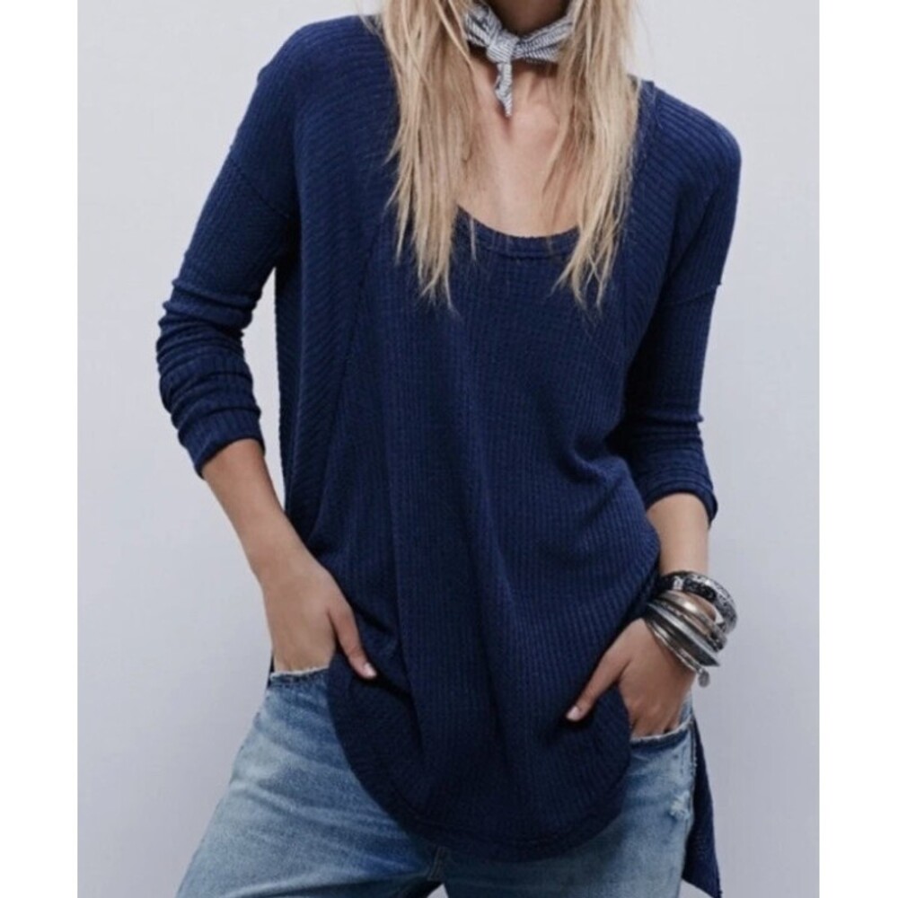 Free People Ventura Drippy Thermal Tee Women's S Navy Blue Waffle Knit Top Boho